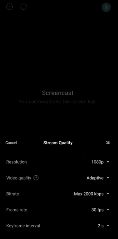Selecting resolution option in PRISM live studio online streaming app