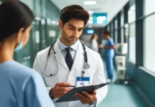 The Importance of Locum Tenens in Hospitals A professional scene depicting a locum tenens, a temporary medical professional, in a hospital setting. The image features a male doctor of South Asia